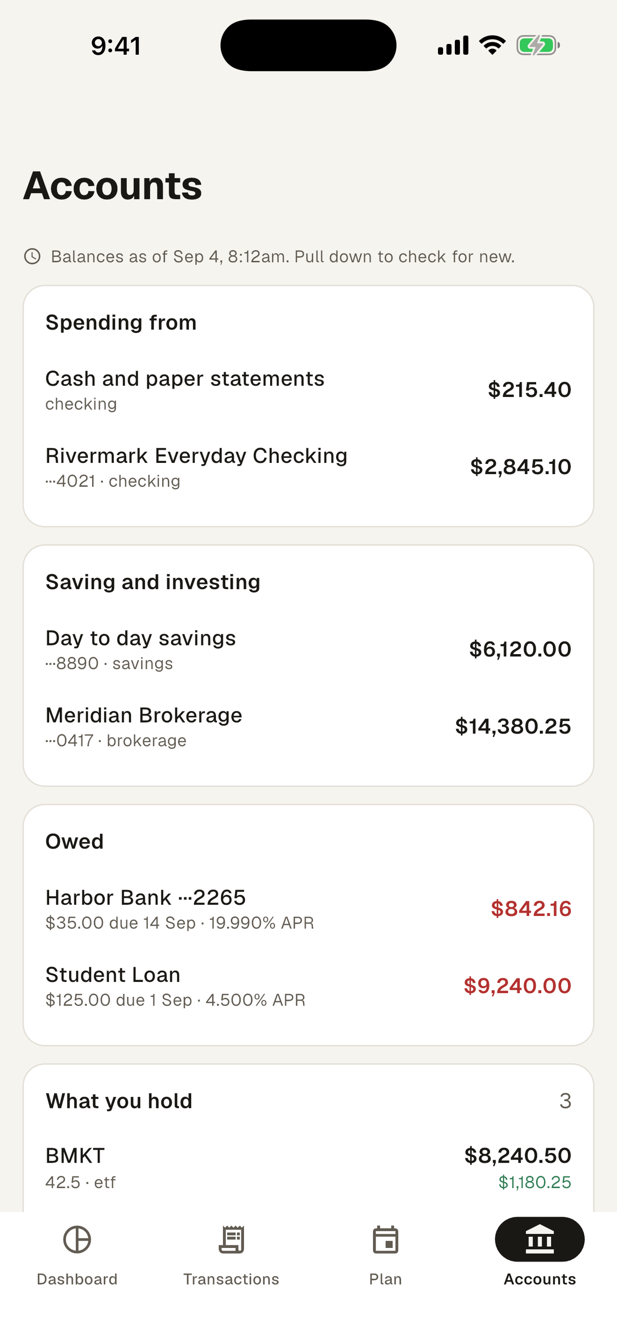 The FinBeans accounts screen, showing balances grouped into spending, saving and owed, and the holdings in an investment account
