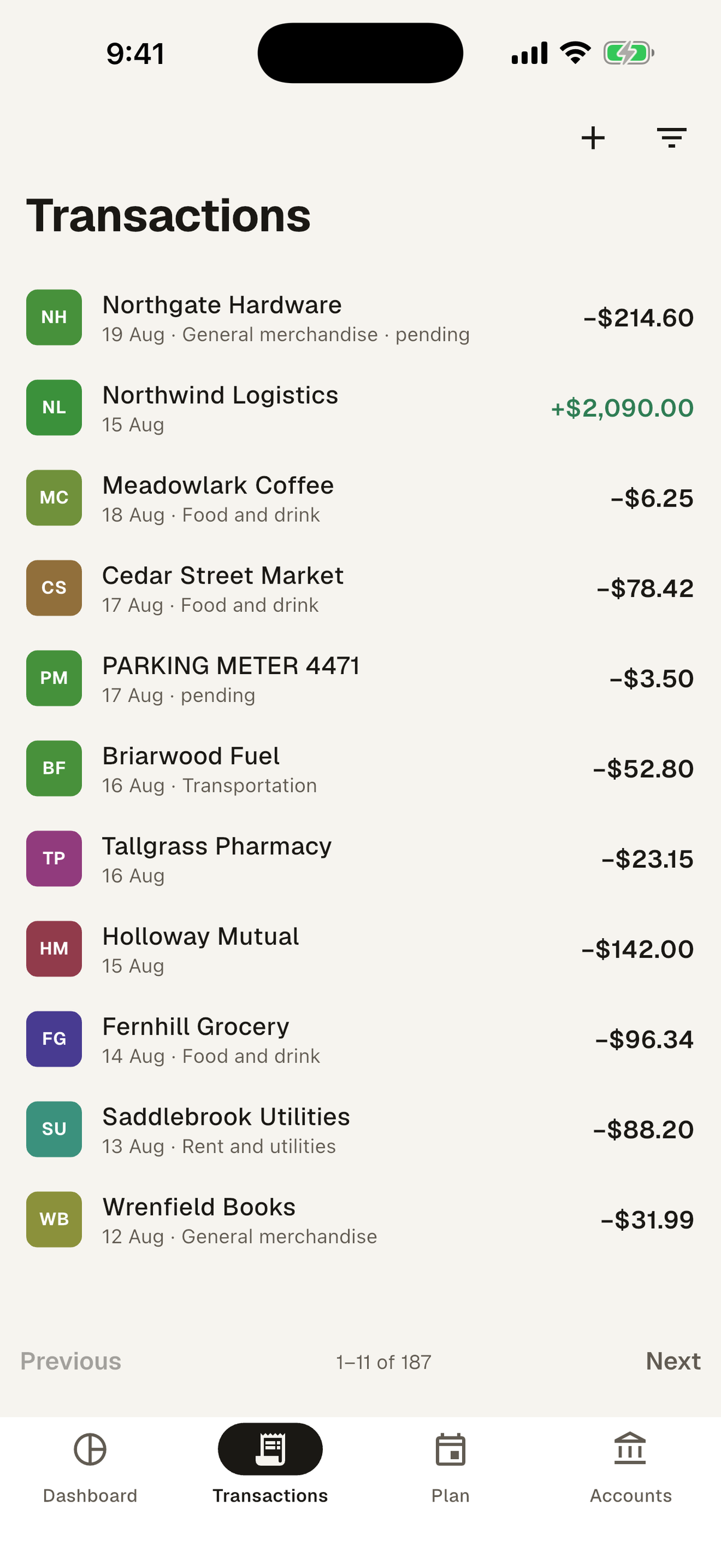 The FinBeans transactions screen, a searchable list of transactions