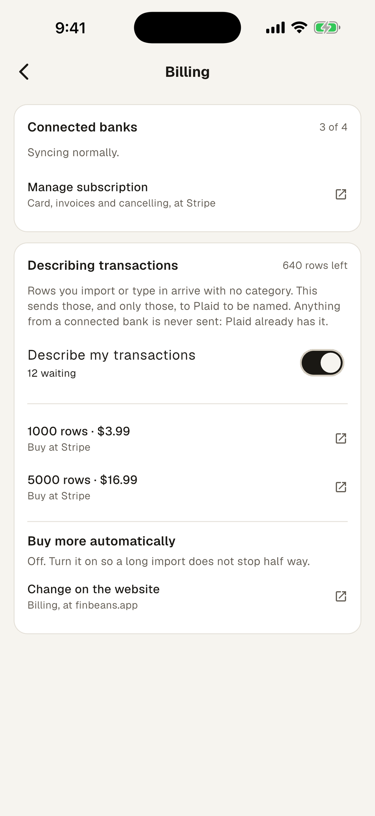 The FinBeans billing screen, showing the connected banks a subscription covers and the separate, optional credits for describing imported transactions