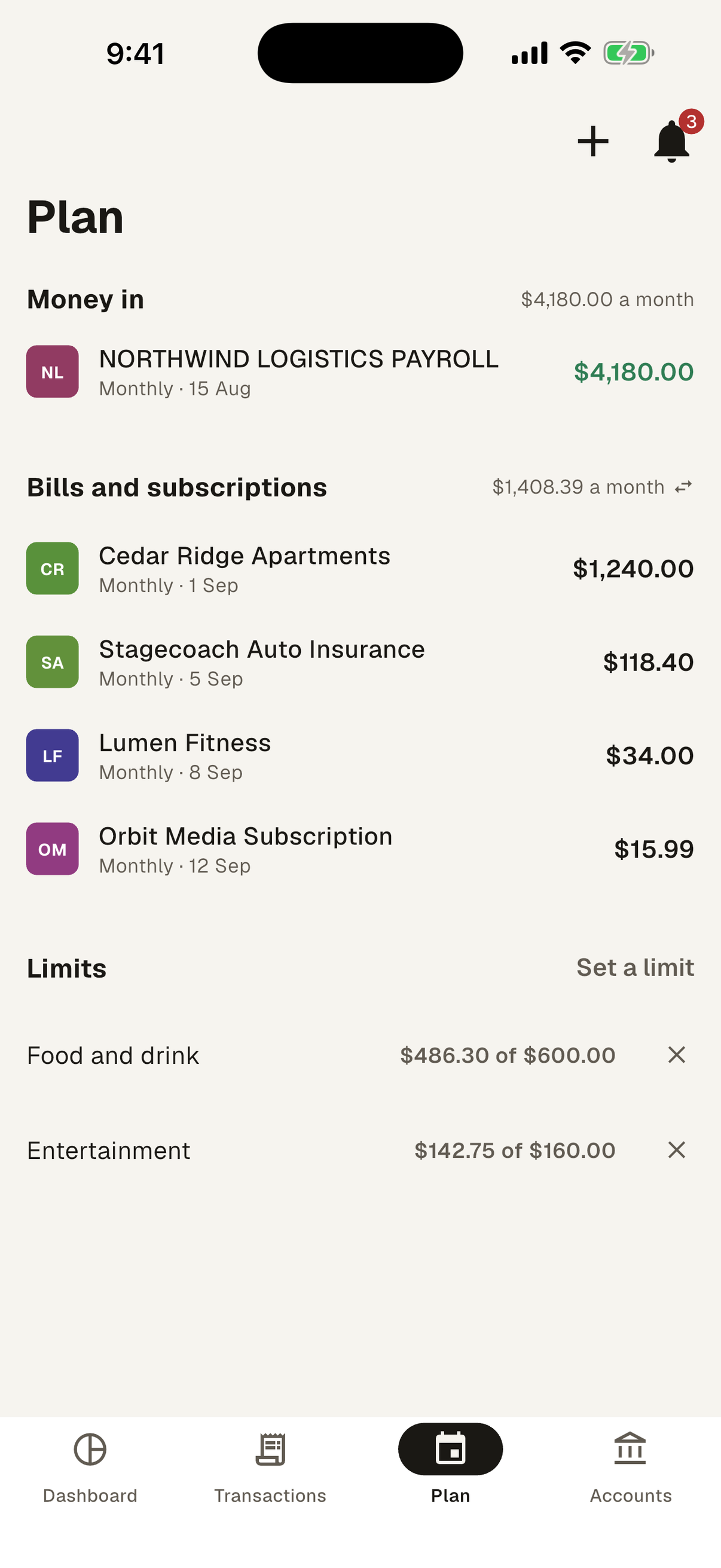 The FinBeans plan screen, showing income, the bills and subscriptions FinBeans found, and spending limits